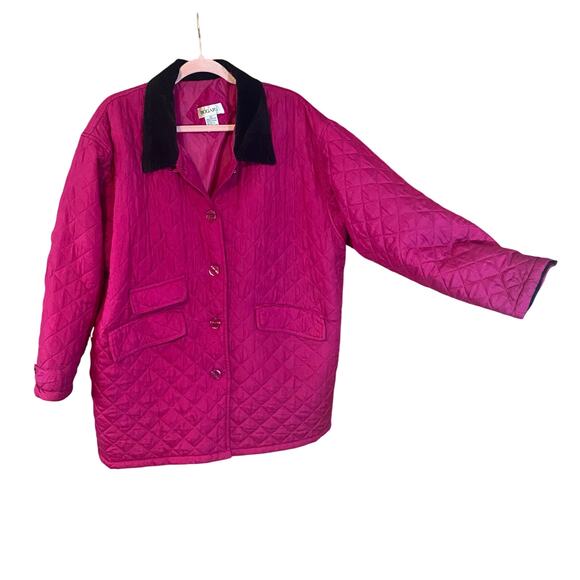 Vintage Bogari Silk Quilted Jacket 1X Fuchsia Pink Corduroy Collar 90s magenta - Picture 2 of 7